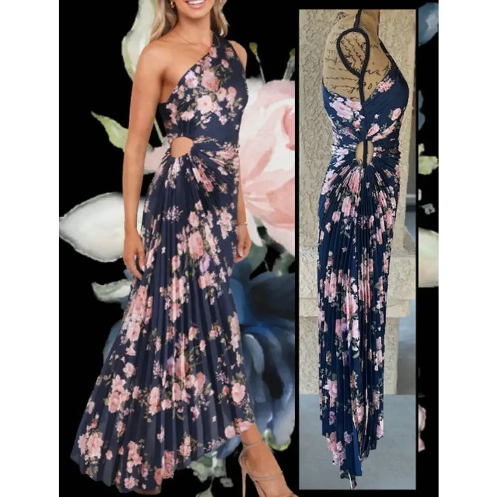 Petal & Pup Pleated Navy Floral One Shoulder Kleo Maxi Dress Size S - Picture 6 of 14